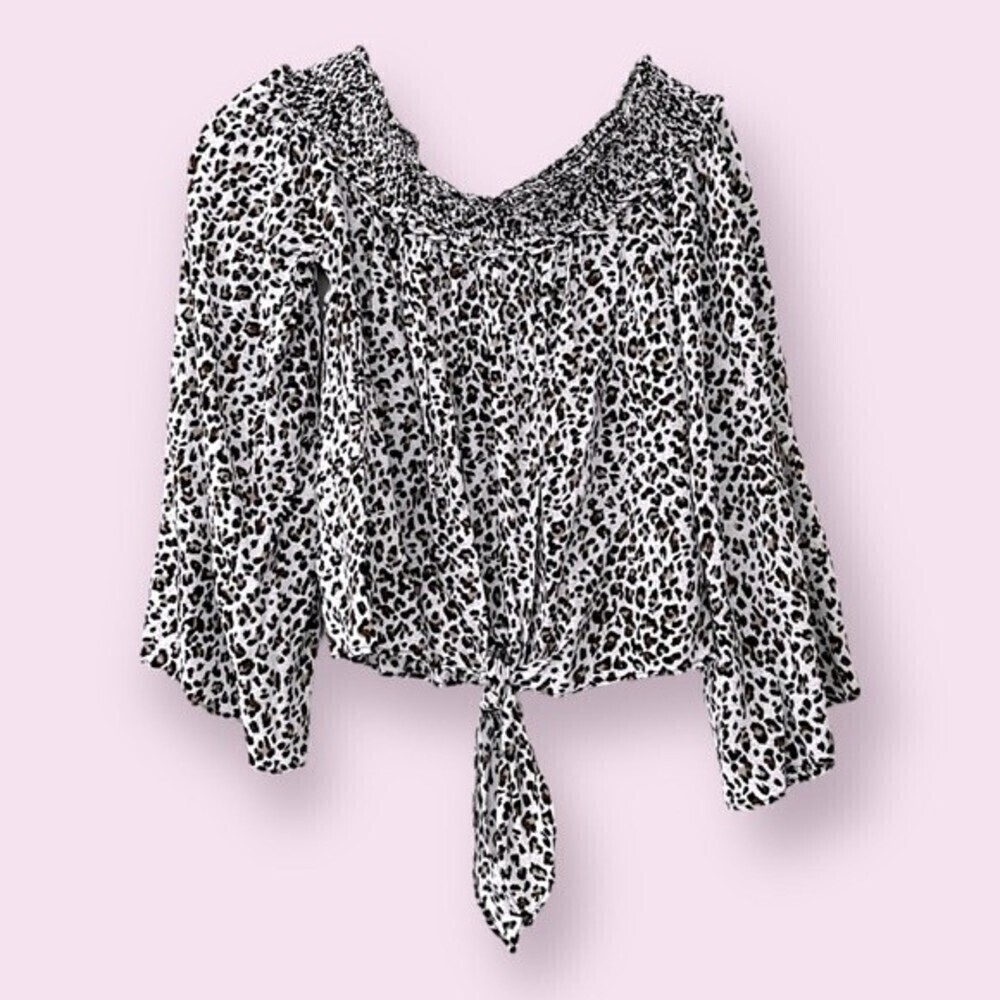 Free People Cheetah Print Blouse White Black Smocked Tie NWOT Womens Size Small
